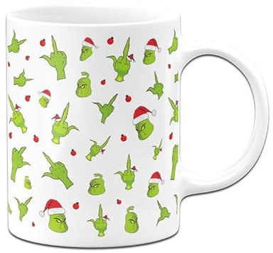 Tassenbrennerei Grinch Tasse - Rundherumdruck - Weihnachtstasse lustig - Kaffeetasse als Deko zu Weihnachten (Weiß)