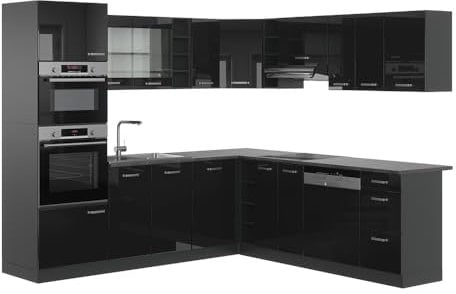 Vicco Eckküche R-Line, Schwarz Hochglanz/Anthrazit, 237 x 247 cm ohne Arbeitsplatte