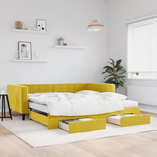 CKioict Palettenbett Modernes Bettgestell Jugendbett Tagesbett Ausziehbar mit Schubladen Gelb 100x200 cm SamtGeeignet für Gästezimmer, B&Bs, Schlafzimmer