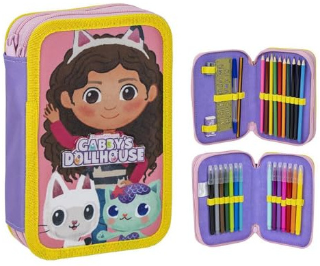 Federmäppchen mit 3 Fächern von Gabby's Dollhouse, Farbe: Lila, 12,5 x 4,5 x 19,5 cm, aus Polyester und PVC, mit Reißverschluss, inklusive Zubehör, Originalprodukt, entworfen in Spanien, Lila, Gabby's