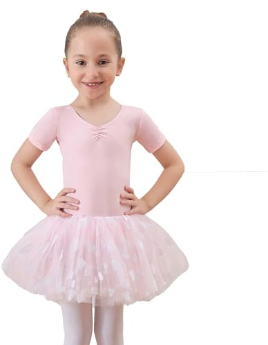 Tancefair Kinder Mädchen Ballettkleidung Ballettkleid Kurzarm Balletttrikot Baumwolle Ballettanzug Tanzkleid Tanzbody mit Herzmuster Rock Tütü