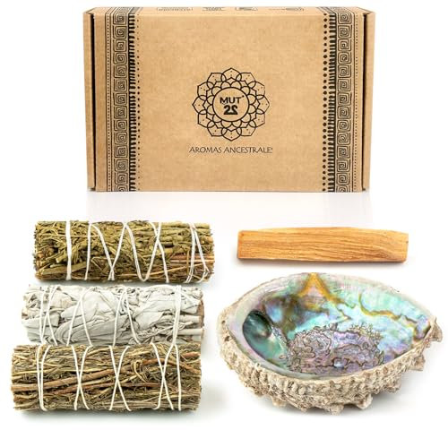 MUT22 Kit Sahumerio, Palo Santo, Sauge Blanche, Sauge du Désert, Rue, Coquille d'Ormeau - Kit Complet pour Purification et Harmonisation