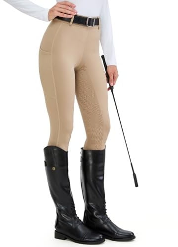 H.MILES Reitleggings Damen Vollbesatz High Waist Elastische Reithose Damen mit Handytasche Gürtelschlaufen Khaki 3XL