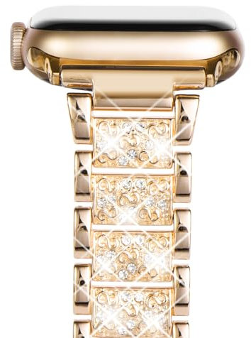 NewWays Kompatibel mit Apple Watch Metall Armband 42mm(Serie 10) 41mm 40mm 38mm,Damen Bling Diamant Glitzer Edelstahl Ersatzarmbänder für iWatch SE Series 10/9/8/7/6/5/4/3/2/1,Gold