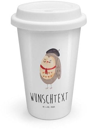 Mr. & Mrs. Panda Personalisierter To Go Becher Eule Frankreich - Personalisierte Geschenke, Eule Deko, glücklich, La vie est belle, Thermobecher