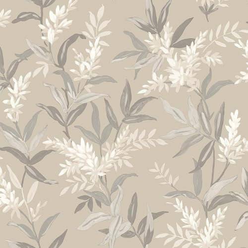 Olivia Beige Floral Leaf Wallpaper - Metallic Effect Flowers Botanical Leaves - Stylish Trendy Feature Wall