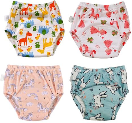 Dioshark Baby Mädchen Trainerhose Wiederverwendbare Baumwolle, 4 Stück Töpfchen Trainingshosen Unterwäsche Unterhosen Waschbare Einhorn Elefant Pferde Kaninchen Druck Rosa Weiß Blau Kinder 4-6 Jahre