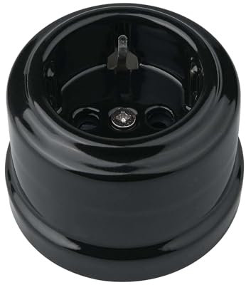 1x Stk. Lightstock Retro Aufputz-Steckdose aus Porzellan, mit Kindersicherung, schwarz