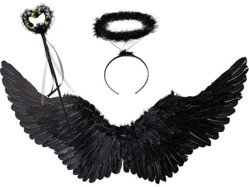 Juego de 3 Alas de Ángel Negro Grande con Halo y Varita Mágica,105 cm Negro Devil Wings Angel Costume Ladies Accessories for Halloween Carnival Cosplay Party Fasching Disguise