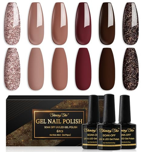 Shining She UV Nagellack Braun,6 Farben Herbst Winter Burgund Braun Dunkelrot Schwarz Gold Glitzer Gel Nagellack Set Soak-Off UV Gel Nail Polish für Anfänger DIY Nail Art Set,8ml