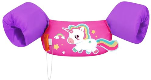 HeySplash Chaleco de Natación para Niños, Manguitos Flotantes para Nadar Piscina Flotadores de Brazos Duraderos con Banda Ajustable y Hebilla Segura para Niños de 10-20 kg, Unicornio Rosa Morado