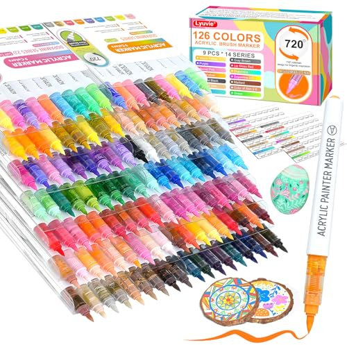 Lyuvie 126 Colours Acrylic Paint Pens Set,1-6mm Brush Paint Markers-Water Based Permanent Paint Pens for Rock Painting Stone Paper Fabric Wood Pebbles Glass Plastic Craft Supplies