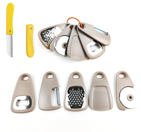 Hinapan 6 Piece Kitchen Tools Set - Storable Kitchenware - Cheese Grater, Bottle Opener, Vegetable Peeler, Garlic Miller, Pizza Cutter, Folding Knife - Dishwasher Safe