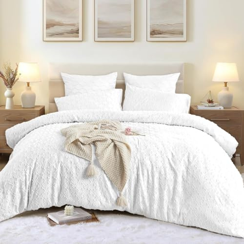 Luofanfei Boho Bettwäsche 135x200 Weiß Bohemian Wendebettwäsche Set Microfaser Stickerei Geometrisches Muster Bettbezug und Kissenbezug 80x80cm mit Reißverschluss