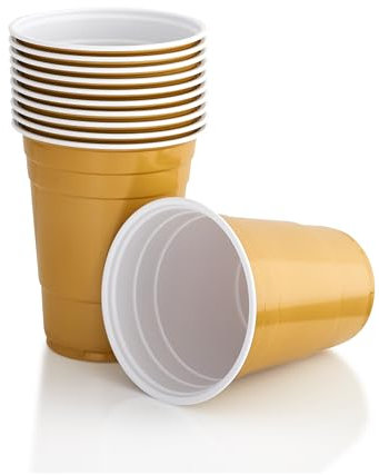 Persy Party Reusable Beer Pong Cups for Party (50 Pack) - Colourful Easy Grip 16oz Plastic Cups - BPA-Free & Shatterproof Plastic Drinking Cups for Beer, Cocktail, Soda & Cold Drinks - Gold