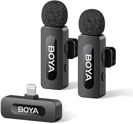 BOYA by-V2 - Microfono senza fili per iPhone 7-14, 48 KHz/16 bit, 9 batteria, cancellazione del rumore, microfono lightning avalier a 360°