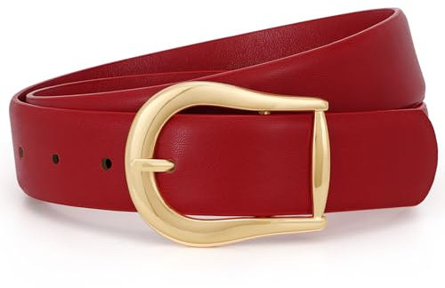 Damen Ledergürtel für Jeans Hosen weiches Leder Damen Gürtel mit Goldschnalle, Breite 3,3 CM, Rot, S