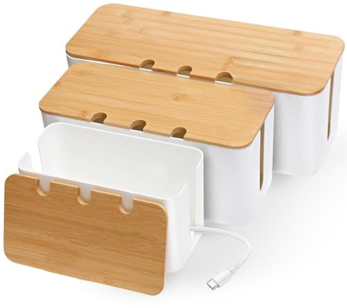 YADOBIG 3 Pièces Boite Rangement Cable, Boite Cache Cable avec Couvercle en Bois Perforé, Cache Multiprise Electrique pour Dissimuler les Prises et les Câbles, Trois Tailles, Moyen et Petit, Blanc