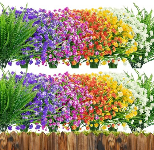 REIOMESK 24 Bundles Artificial Flowers Outdoor UV Resistant Fake Flowers Artificial Outdoor Shrubs Plants Garden Home Wedding Porch Window Hanging Decor