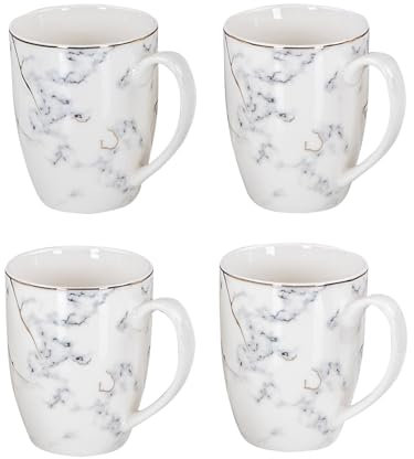 Juego de 4 tazas con aspecto de mármol, 300 ml, color blanco, negro y dorado, porcelana