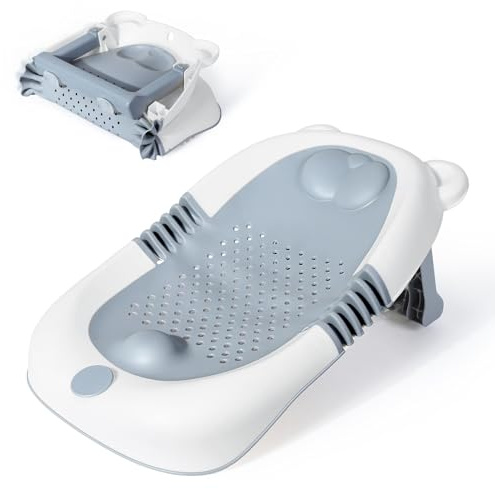 Orzbow Plegable Soporte Bañera Bebe, Estable Soporte Baño Bebe con Estructura Triangular, Base Antideslizante con Ventosas, Tacto Suave, Adecuado para Recién Nacidos, Portátil, Gris