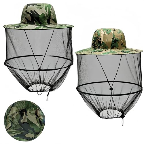 WizeFolk Imkerhut Moskitonetz Hut,2 Stuck Mückenhut Schnell Trocken,Camouflage Sonnenhut Hut mit Netz Imker,Faltbar Bienenzucht Schleier, Für Outdoor Wandern Camping Gartenarbeit Angeln