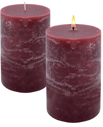 XL Echtwachs Stumpenkerze rustikal 2er Set 15 x 9 cm bordeaux rot | Adventskerze groß, unparfümiert, 95 Stunden Brenndauer, geruchlos, für Weihnachten Gestecke Dekoration