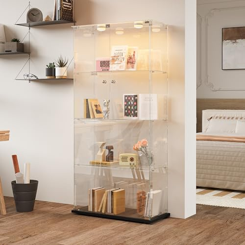 KOOPMAD Glasvitrine Standvitrine,Glasvitrine Schrank mit 2 Tür und LED-Licht,4-Stöckige,glasschrank für Wohnzimmer, Büro,Schlafzimmer,78x35x163cm,Einfach zu Montieren, Schwarz
