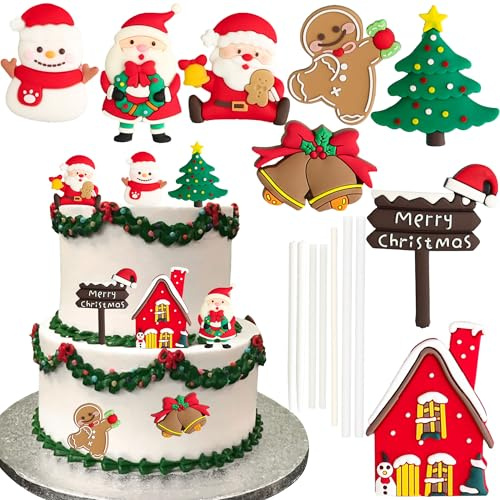 Gyufise 9Pcs Merry Christmas Cake Topper Set Gingerbread Man Santa Claus Bells Cake Pick Golden Deer Xmas Tree Cake Decorations for New Year Christmas Party Supplies Multi 3