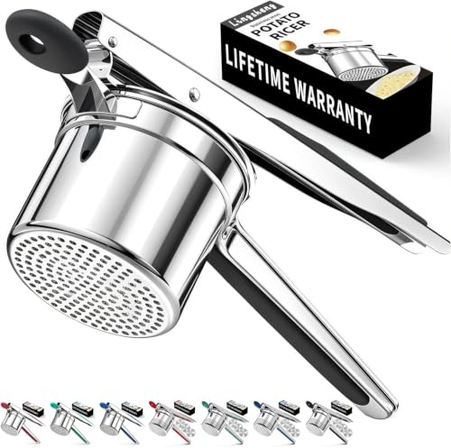 Minteem Large 15oz Potato Ricer for Mashed Potatoes, Heavy Duty 18/8 Stainless Steel Potato Masher for Baby Food & Spaetzle Maker, Masher and Ricer Kitchen Tool, Press and Mash Kitchen Gadget, Black