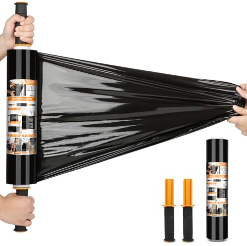 Origuuds Stretchfolie Strechfolienrolle mit Griffen Wickelfolie Verpackungsfolie Verpackungsmaterial Packfolien Dehnbare Palettenfolie Umzugsfolie Für Möbel (Schwarz/38cm x 300m, 1 Rollos)