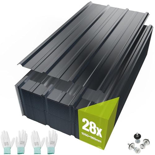 Mondeer 28PCS 16.6m² Metal Roofing Sheets, Gloves and Screws, Dark Grey