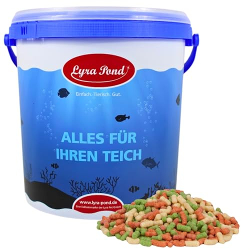 Lyra Pond® 10 L (0,85 kg) Pond Colour Sticks Koi Mix Teichfutter + Eimer | Mehrfarbiges Fischfutter mit Spirulina - Leicht verdauliches Fischfutter - Kräftigt die Farben des Fisches - Artgerecht