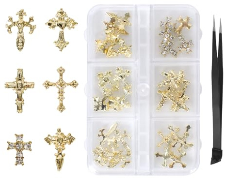 60PCS Nagel Charms Gold, Strass Kreuz für Nageldesign Zubehör | Perfekte Nagelaccessoires für DIY-Schmuck, inklusive Pinzette, vielseitige Verwendung für Nail Art und kreatives Nageldesign
