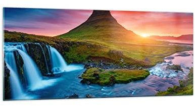 Wandbilder Dekoration Wohnzimmer Sonnenuntergang Wasserfall Island Vulkan Panorama Bilder auf Glas 120x50cm Glasbild Schlafzimmer Küche Wand Kunstdruck Art Groß Wanddeko Modern GAB120x50-2963