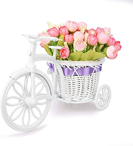 Takefuns Artificial Bicycle Flower Pot with Basket for Home Wedding Decoration, Plastic, Red, Small