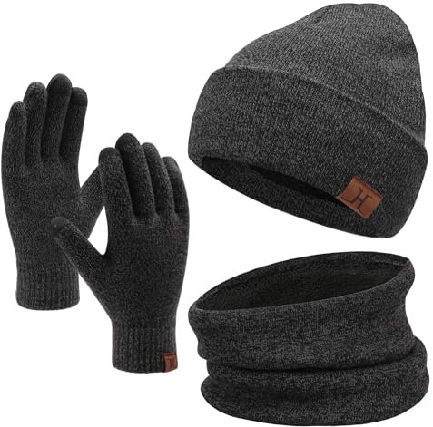 Ensemble de Gants d'écran Tactile d'écharpe de Bonnet d'hiver pour Hommes et Femmes, Ensemble de Cache-Cou de Gants de Bonnet avec Doublure en Polaire en Tricot Chaud