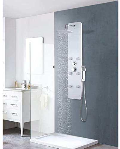 Festnight - Pannello per Doccia in Vetro con 3 funzioni, Set Doccia (Doccia Tipo Pioggia, Getto di Massaggio e Doccia Manuale con soffione) 18 x 42,1 x 120 cm, Nero 25x44,6x130 cm Bianco
