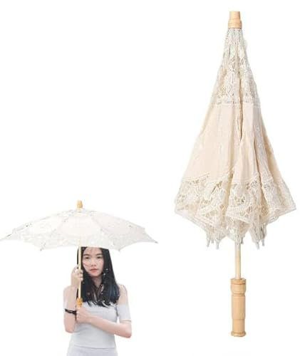 Sombrilla de encaje para boda, Paraguas de encaje vintage, Novia de boda de bordado de flores hechas a mano Paraguas de fotografía para decoración de bodas, fiestas, baile, fotografía(Beige L)