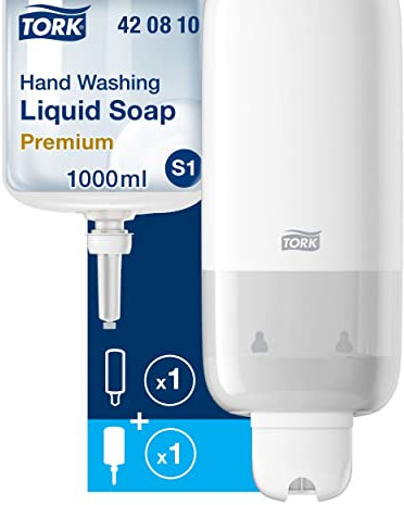 Tork Seifenspender für Flüssigseife - Sparsames, auslaufsicheres S1/S11-Spendersystem, Weiß + Flüssigseifen-Nachfüllpackung, 1 x 1000 ml