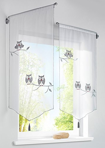 Yaland Voile Scheibengardine Panneaux mit Stickereien Eulen Muster Stangendurchzug Fenster Gardinen (BxH 40x90cm) 2 Stücke