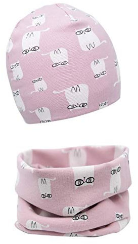 Baby Mädchen Beanie Mütze + Schlauchschal 2er Set, Wintermütze für Jungen Mädchen Baumwolle(48 und 48M,Tier Katze)