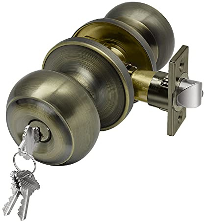 CML Hardware Entry Door Knob with Removable Latch Plate, Keyed Lock Set in Antique Brass for Entrance, Exterior and Interior, Round Ball Handle