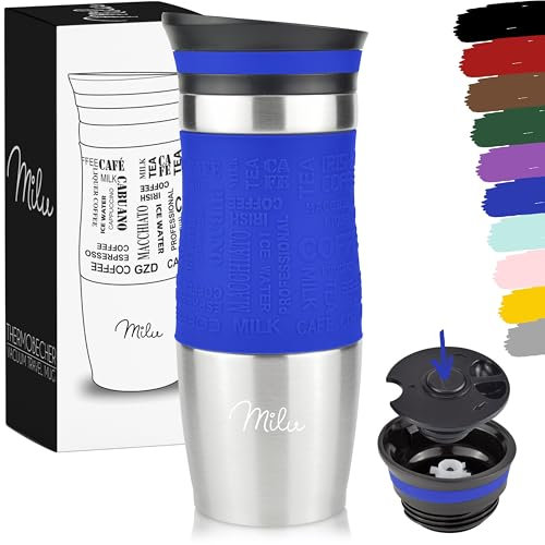 Milu Mug Isotherme Etanche 370ml 450ml Thermo Café-Thé I Tasse isolée pour café et thé à emporter, Double Paroi Isolée sous Vide, Acier Inoxydable I Tasse de voyage Chaud & froid (370ml, Bleu)