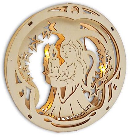 Wichtelstube-Kollektion LED 3D Fensterbild Engel Weihnachten Holz beleuchtet Weihnachtsdeko Fenster, Batteriebetrieben inkl. Timer, 20cm Durchmesser
