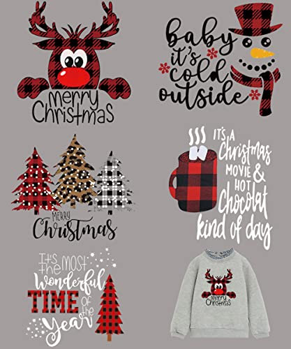 Weihnachts-Bügelbild für T-Shirts, klassische Büffelkarierte Bügelflicken, schwarz, rot, Weihnachts-Applikationen, Weihnachts-Elch, Baum, Schneemann, Buchstabenmuster, Jacken, Hoodies (5 Blatt)