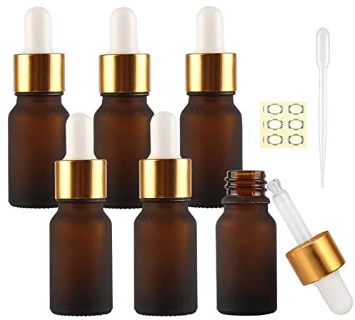 Alledomain 6Pcs, 10ml Frosted Amber Glass Bottles with Dropper Pipettes, Mini Empty Dropper Bottle Aluminum Alloy Cap Refillable Sample Container for Essential Oil/Massage Oil/Chemical Liquid
