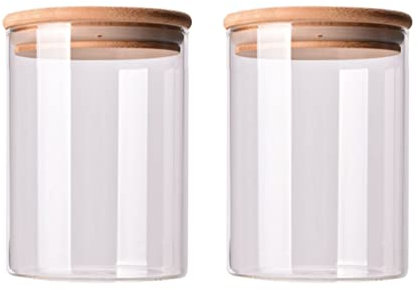 2 Pcs 250ml Clear Glass Jars Airtight Lids Food Storage Container with Wood Cover Glass Kitchen Canisters Pots Bottles for Pantry Organization Sealed Can Tank 8oz