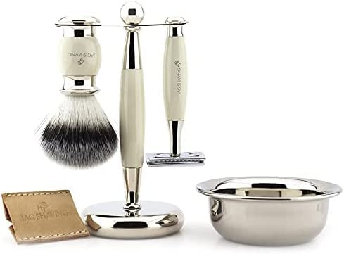Jag Shaving Doppelkanten-Rasierset mit synthetischer/veganer Haarbürste, Rasierer- und Bürstenständer und Schale
