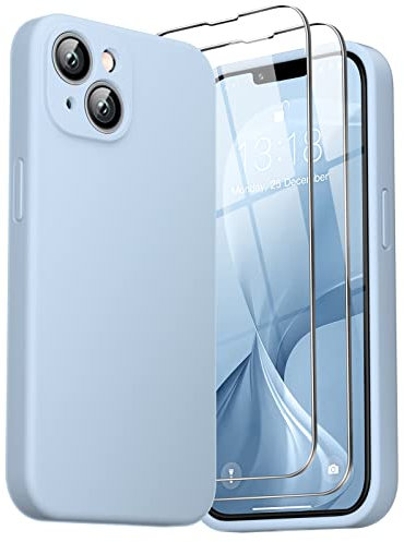 GOODVISH 3 en 1 Coque iPhone 14 Silicone Liquide pour iPhone 13 6.1 - avec 2 Verre Trempé - Étui Protection Précise de Caméra [Résistant aux Rayures] [Antidérapant] pour iPhone 14 2022, Bleu Ciel